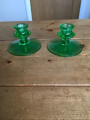 Buy Pair Of Vintage Green Glass Candlesticks With Etched Floral Bases • 22.99£