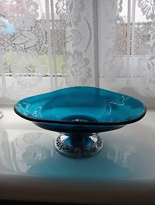Buy Vintage Sowerby Nazeing Turquoise Blue Glass  Dish With Glass And Metal Pedestal • 6.50£