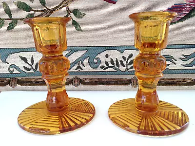 Buy Pair Of Genuine Vintage Amber Pressed Glass Candlesticks • 5.99£