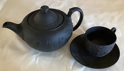 Buy Rare Wedgwood Embossed Black Basalt Teapot, Teacup & Saucer • 212.62£