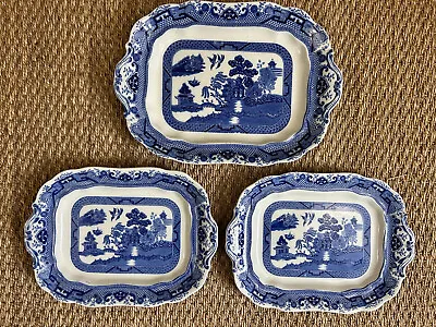 Buy 3 X VINTAGE HANCOCKS CORONA WARE Blue Willow Pattern Meat Plates Serving Dishes • 65£