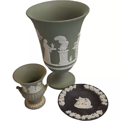 Buy Wedgwood Jasper Ware 2 X Green Large & Small Urns / Vases + Black Trinket Dish • 9.99£