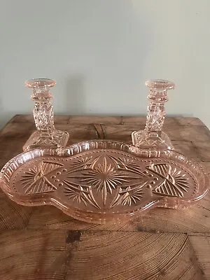 Buy Cut Glass Crystal Candle Sticks And Tray In Pink • 25£