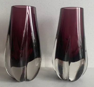 Buy Pair Of Vintage Whitefriars Aubergine Lobed Glass Vases 9727 Geoffrey Baxter • 34.99£