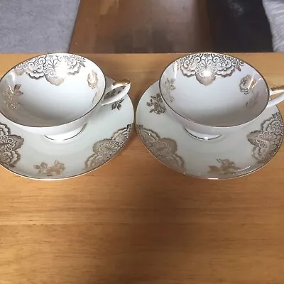 Buy Bavarian 2 Footed Tea Cups & Saucers White & Gold. • 10.99£