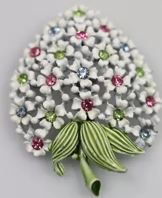 Buy Vintage  White Enamel Multi Color Rhinestones Flowers Stemmed Brooch Pin • 19.20£