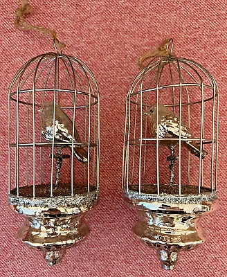 Buy *Pair Of Silver Mercury  Glass Bird Metal Cage Glitter Accent Christmas Ornament • 100£