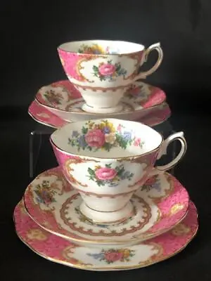 Buy Fine Vintage Pair Of  Royal Albert Lady Carlyle Bone Chincups, Saucers & Plates. • 40£