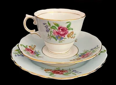 Buy Colclough Blue With Pink Rose Tea Cup Saucer Plate Trio, Made In England, VGC • 22.11£