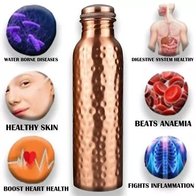 Buy Hammered Copper Water Bottle Vessel For Drinking Home Health Benefits 1000 Ml • 30.66£