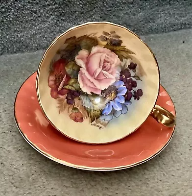 Buy Aynsley, J A Bailey Signed Cabbage Rose Cup & Saucer - Terracotta (with Issue**) • 64£