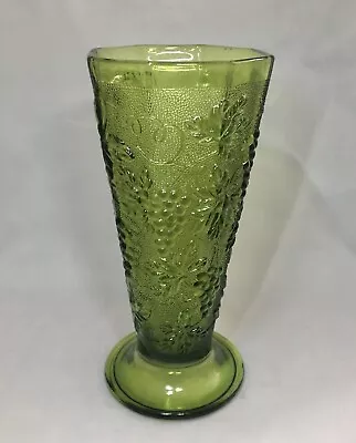 Buy Vintage MCM Avocado Green Glass Footed Octagon Grapevine Vase • 16.13£