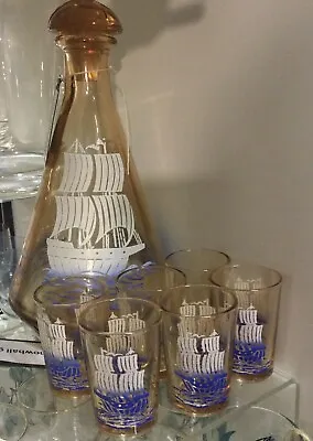 Buy Mid Century Ship Motif Decanter And 6 Shot Glasses • 24£