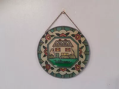 Buy Vintage Wall Hanging Plaque Round Stained Glass Welcome Home Sign • 16.50£