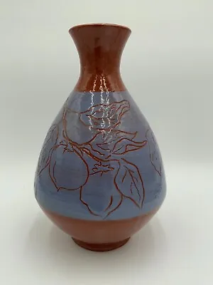 Buy Pottery Etched Fruit & Floral Lavendar Terracotta Vase Stamped Christensen • 76.72£