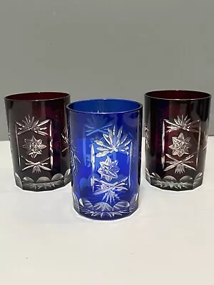 Buy 3 Small Cobalt Blue & Cranberry Red Hand Cut To Clear Glass Tumbler Spirit Glass • 23£