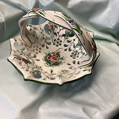 Buy Vintage Hand Painted Porcelain Floral Basket Bowl With Handle Portugal - Chipped • 10£