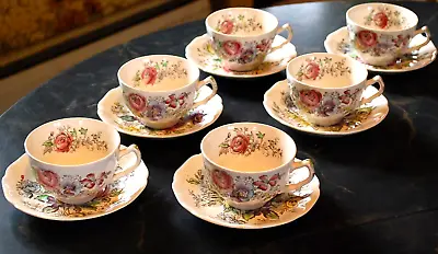 Buy Vintage SHERATON Johnson Bros 6 CUPS/ SAUCERS Hand Painted Transferware OLD MRK  • 91.55£