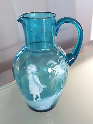 Buy Antique Mary Gregory Hand Blown Aqua  Blue Glass Jug 14 Cms. • 36.99£
