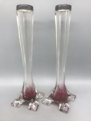 Buy Pr Antique Clear / Cranberry Glass Bud Vase Hm Silver Rims 20cm • 20£