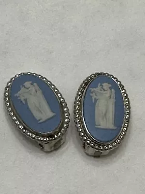 Buy Vintage Wedgewood Blue Jasperware Silver Earrings • 28£