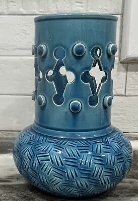 Buy Unique Vtg Burmantofts STYLE FAIENCE Art Pottery Vase. Pierced 7” Turquoise:teal • 47.06£