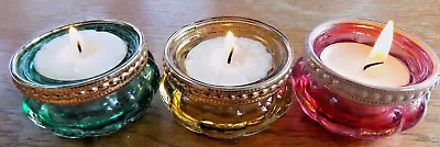 Buy 3 Pretty Coloured Glass Tea Light Dimpled Candle Holders Gold Rims FREEPOST • 10.99£