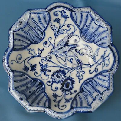 Buy Antique Blue & White Bowl 10.5” Unusual Shape Striking Relief Of Bird & Flowers • 15£