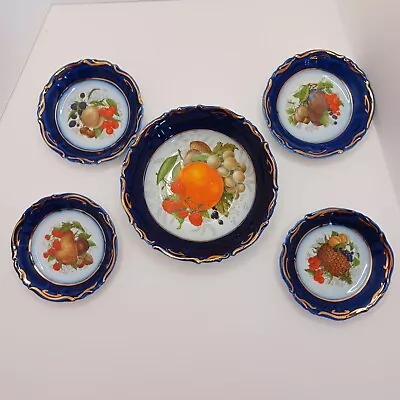 Buy Vintage Cobalt Porfin Cluj-Napoca Romanian Porcelain Snack Fruit Dishes Set Gold • 43.22£
