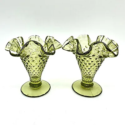 Buy Set Of 2 Fenton Hobnail Small Ruffled Vase Green Footed • 28.35£