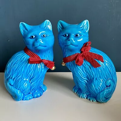 Buy Vintage Pair Of Large 16cm Chinese Blue Turquoise Glaze Porcelain Ceramic Cats • 49.50£