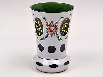 Buy Vintage Bohemian Enamelled/gilded Green Cut Glass Beaker Vase • 25£