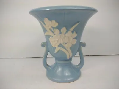 Buy Weller Pottery Blue Cameo Vase Lyre Handles Jonquils Daffodil 1927-1935 Vintage • 41.40£