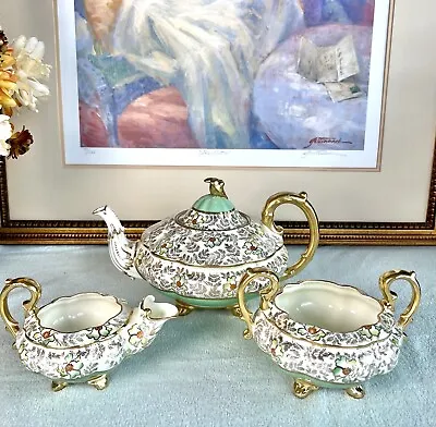 Buy Rare Vintage Royal Stafford Gold & Pea Green Bone China Teapot Set England • 1,389.34£