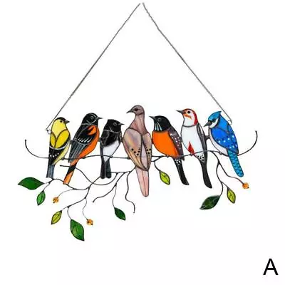 Buy Multicolor Birds On A Wire High Stained Glass Suncatcher Window Panel Pendant • 9.32£