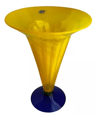 Buy Blenko Trumpet Vase Handcrafted Yellow And Cobalt Blue 11.5  Height Vintage • 108.85£