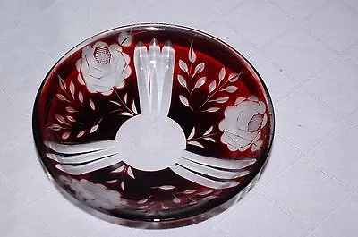 Buy Ruby Red Cased Glass Cut To Clear Roses Nut Candy Dish Bohemian Czech Bowl • 17.50£