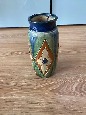 Buy Antique Arts Crafts Studio Pottery - Belgian Drip Glaze - Stamped Geometric Vase • 30£
