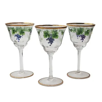 Buy Set (3) Antique Bohemian Hand Painted Grapes Vines Wine Glasses • 159.84£
