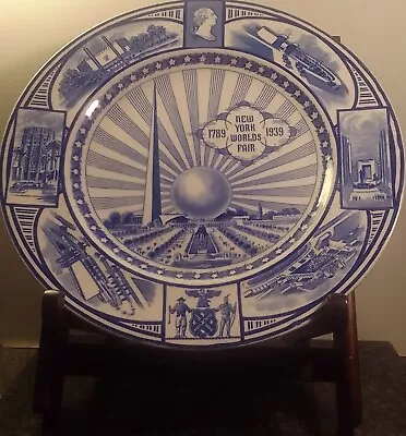 Buy 1939 Vintage New York World's Fair Meakin Pottery England Large Blue White Plate • 24.99£