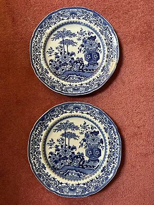 Buy Pair Antique Blue & White Transferware Dinner Plates, Flowers & Bamboo, ?Minton • 25£