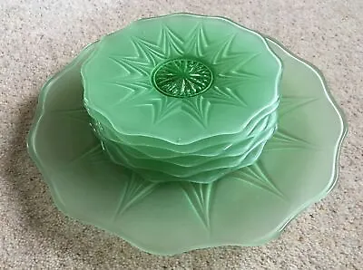 Buy Vintage Glassware Complete Cake Plate Set For Six, Green Pressed Frosted Glass • 39.99£