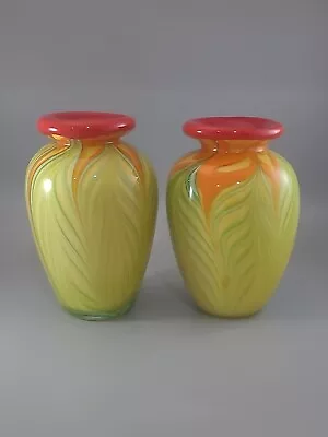 Buy 2 Art Glass Vases- Handblown Pulled Feather Style Green Red Yellow, Great Pair • 75.60£