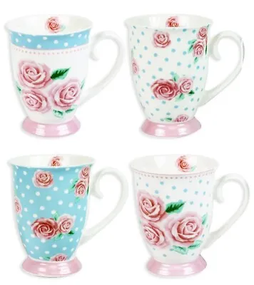 Buy Set Of 4 Vintage Rose Afternoon Tea New Bone China Tea Drinking Mugs Pink Blue • 13.99£