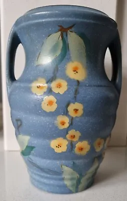 Buy Mid-Century Vulcan Ware 'Genoa' Blue Vase Hand-Painted Yellow Blossom • 10£