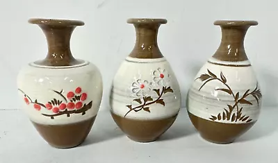 Buy 3 Vintage Asian Korean? Mini Hand Painted Flowers Pottery Vases • 21.19£