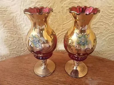 Buy Vintage Ruby Red Gold Bohemian Glass Bud Vases Hand Painted • 7£
