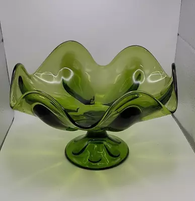 Buy Vintage MCM Emerald Green Art Glass Pedestle Console Fruit Bowl Fluted Edge • 23.58£