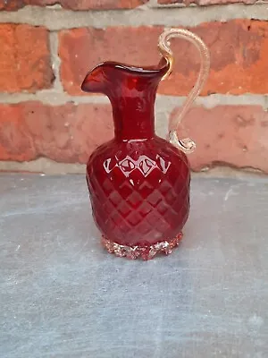 Buy Vintage Hand Blown Cranberry Glass Jug With Clear / Gold Glass Handle • 12£