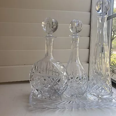 Buy Hand-cut Clear Crystal Decanters (set Of 3) W/lids And Plate Unmarked See Pics • 213.46£